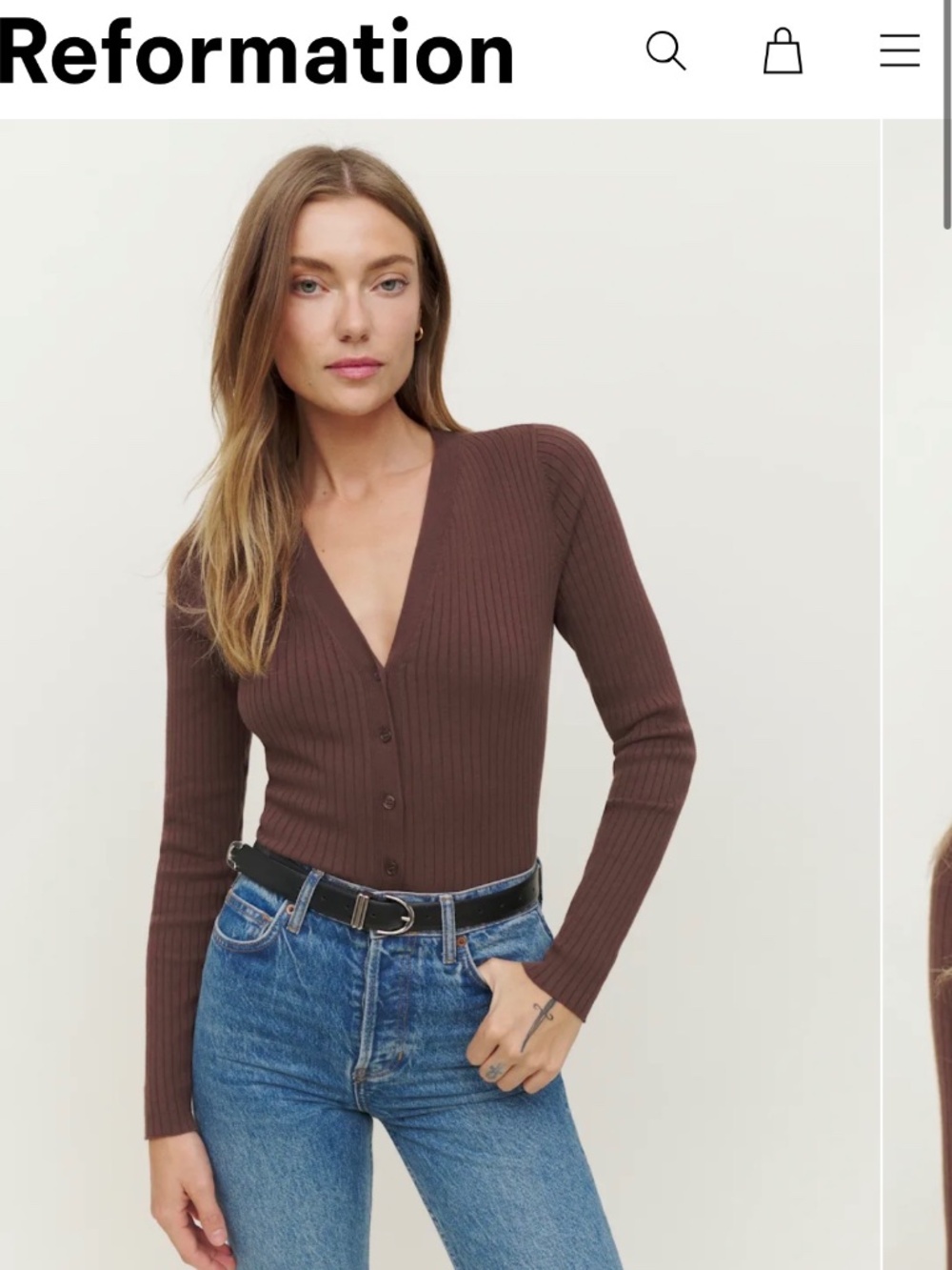 Reformation Gilda Ribbed V-Neck Cardigan in Cafe / Brown Size XS